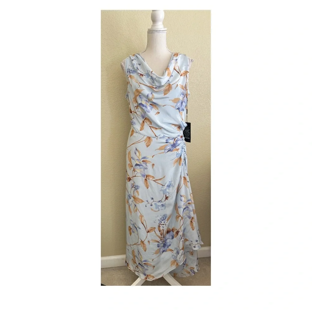 White House Black Market Cowl Neck Ruched Midi Floral Dress Size 10 Light Blue - Picture 6 of 14